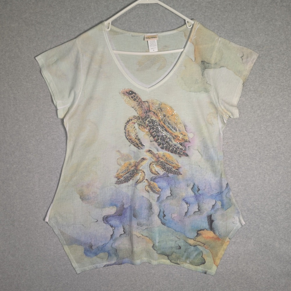 Sunshirt Graphic T-Shirt Women XL Green Sea Turtle Rhinestone Asymmetrical Hem